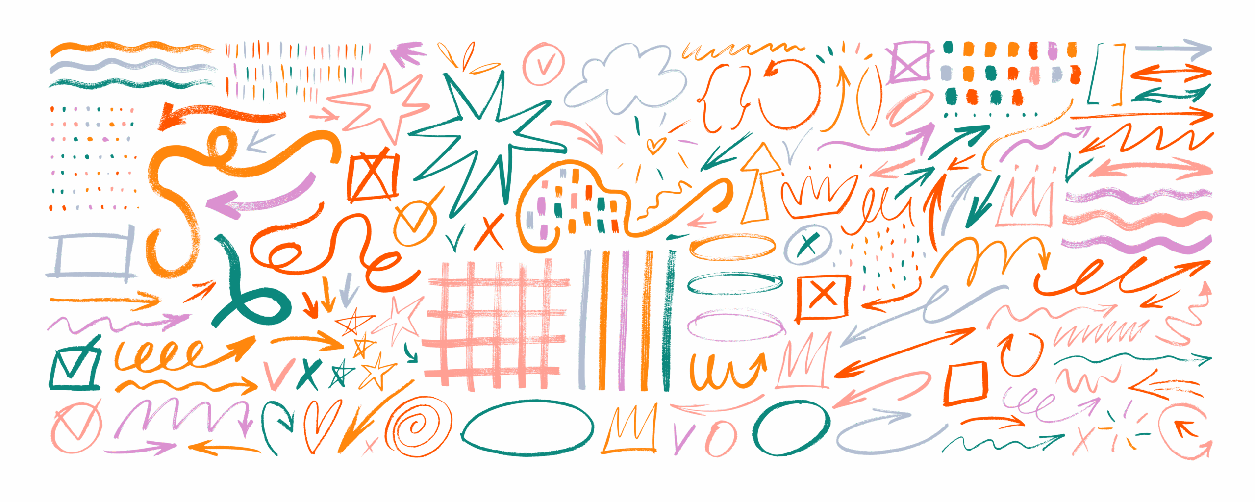 Colorful abstract doodles and arrows representing creativity, brainstorming, and the chaotic beginnings of big ideas—symbolizing how Integrity Dental Billing grew from Post-It notes and big dreams into a purposeful, organized vision.