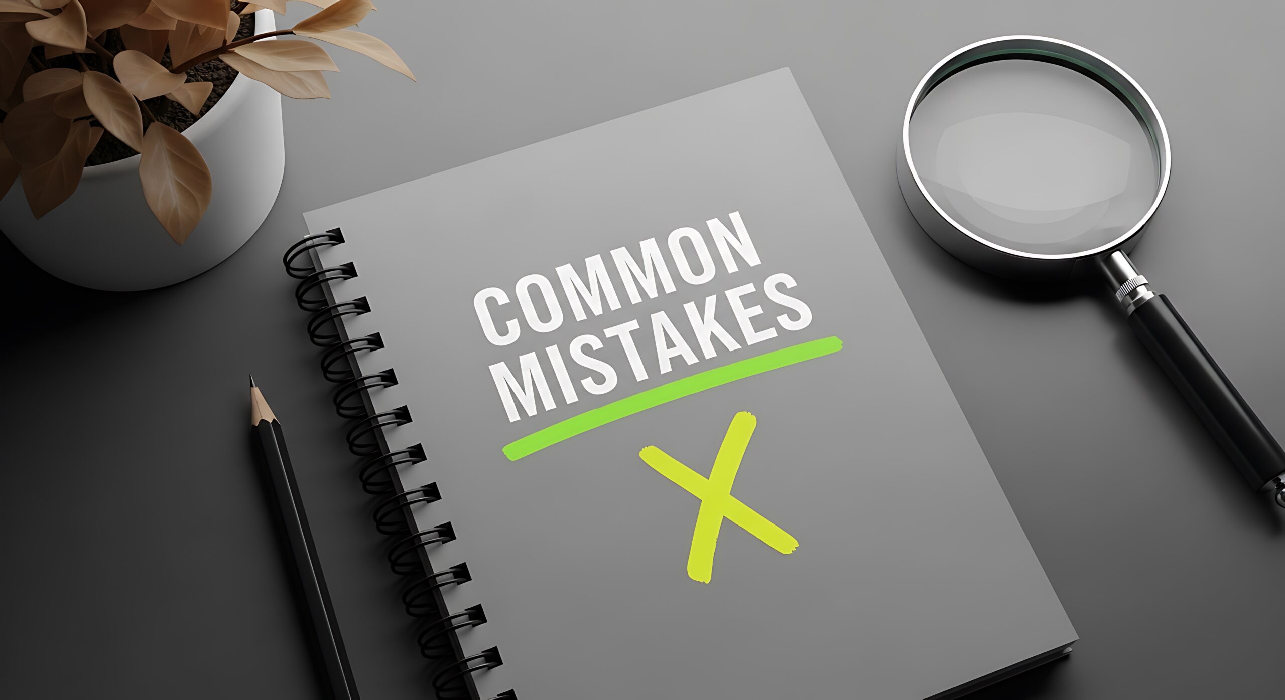 A notebook labeled “Common Mistakes” with a magnifying glass and pencil beside it, symbolizing the importance of identifying and correcting dental billing errors—referencing the article “10 Billing Mistakes.”