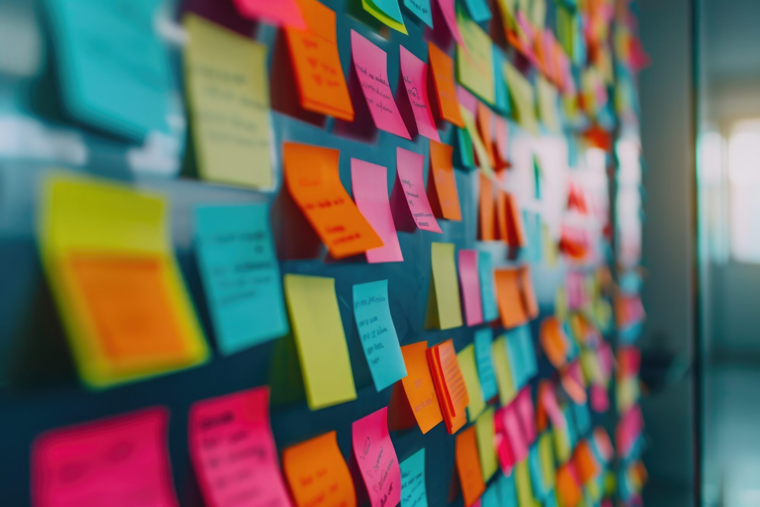 A wall covered with colorful sticky notes arranged in rows, symbolizing brainstorming, organization, planning, and creative ideas in progress.