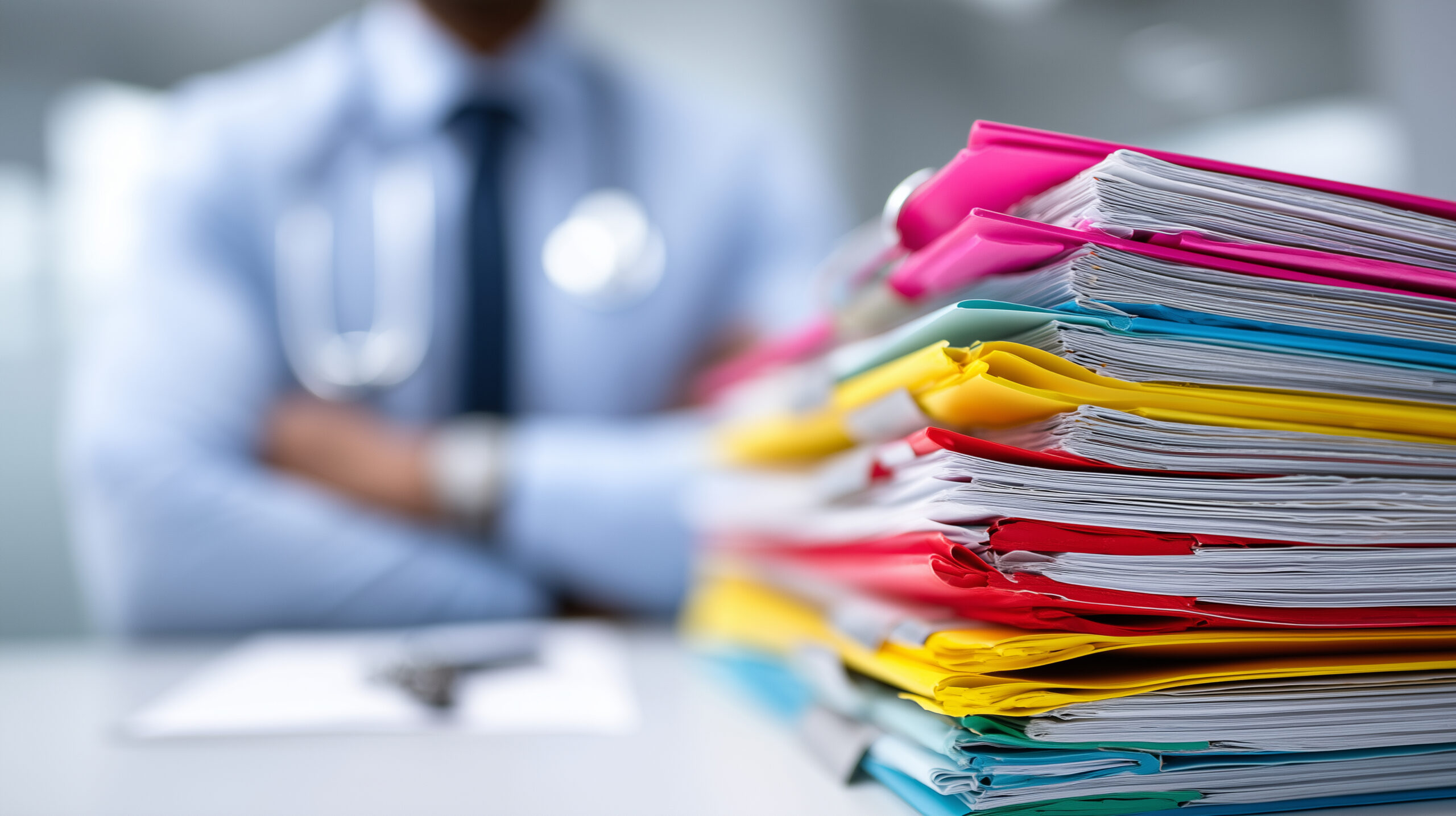 A stack of colorful medical or dental patient files on a desk with a healthcare professional in the background, symbolizing clinical documentation, record management, and compliance.