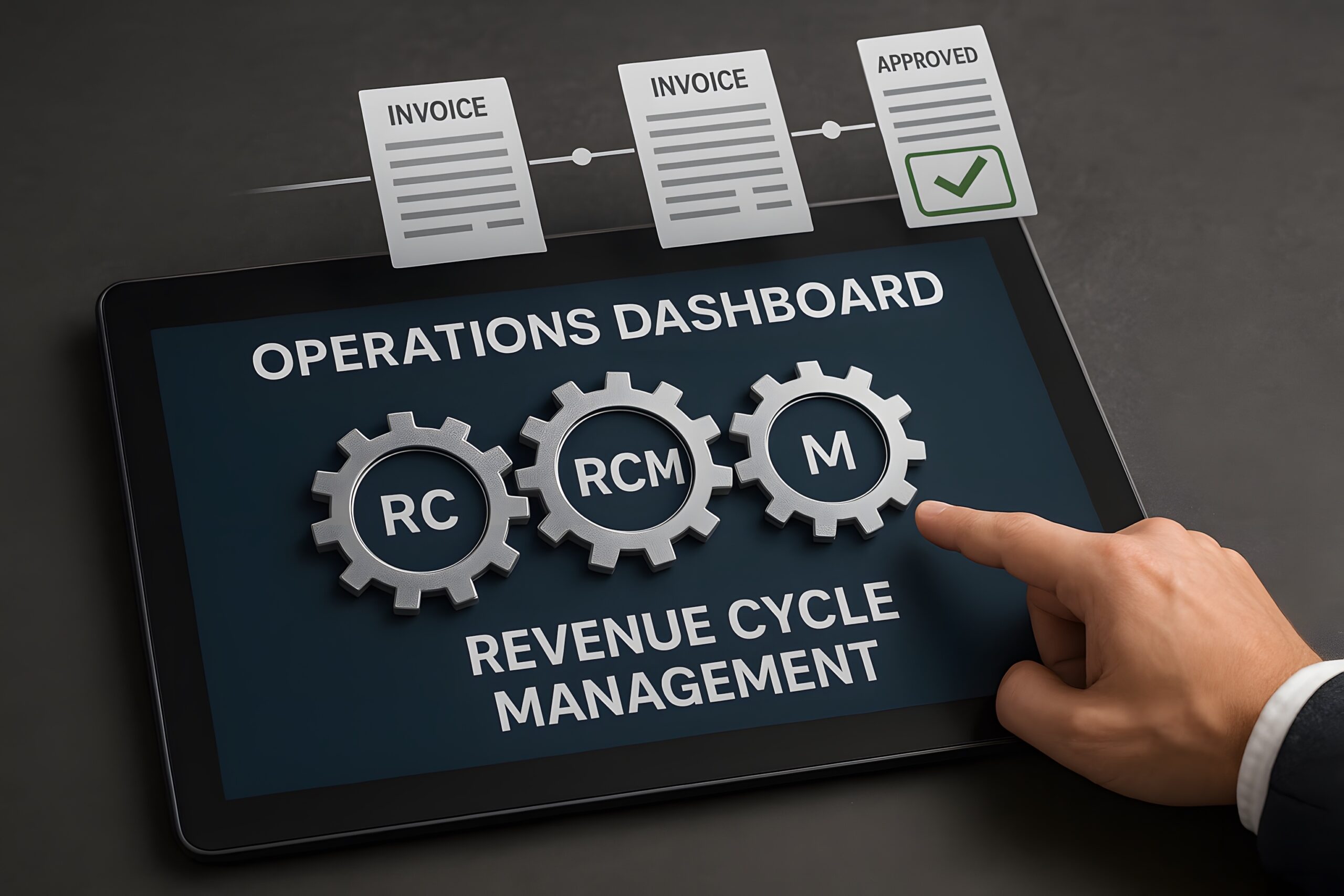 Tablet displaying a revenue cycle management dashboard with interconnected gears labeled RC, RCM, and M, showing invoices progressing to an approved status as a hand interacts with the screen.
