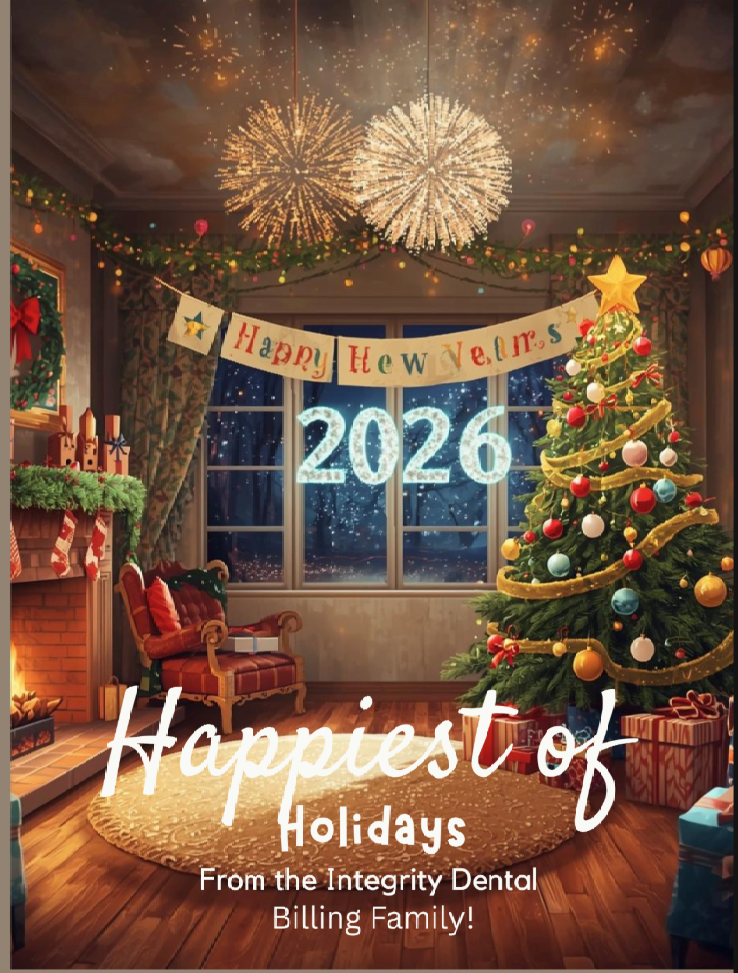 Alt Text: Festive holiday scene inside a cozy living room with a decorated Christmas tree, a glowing fireplace, wrapped gifts, and a large “Happy New Year 2026” banner with fireworks outside the window. Text on the image reads “Happiest of Holidays from the Integrity Dental Billing Family!”